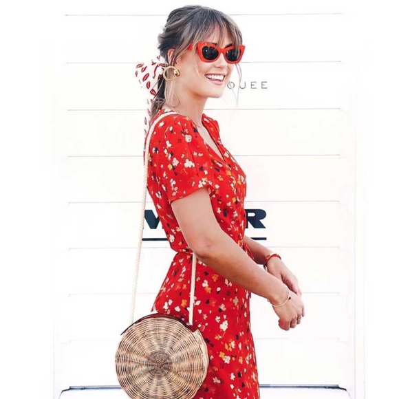 Boho Red Floral print Wrap Midi Dress gypsy - Picture 5 of 6